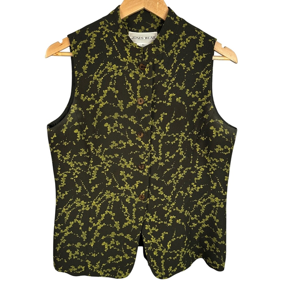 Vintage 90s Jones Wear Green Floral Vest Women 10 Mandarin Collar Cottagecore - Picture 1 of 4